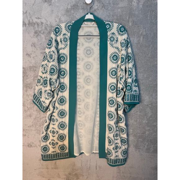 Soft Surroundings Kimono L/XL Turquoise Embroidered Sequined Floral Boho - Picture 2 of 8